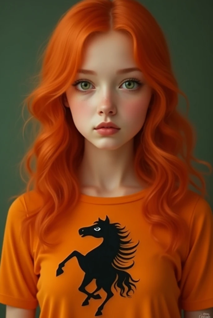 a girl with long orange hair , with green eyes,  she wears an orange blouse with short sleeves and has a black pegasus in the middle of her blouse