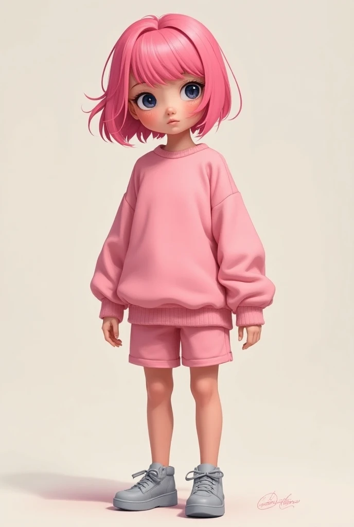 Girl with pink hair short sweater pink shorts gray shows the soles of her feet