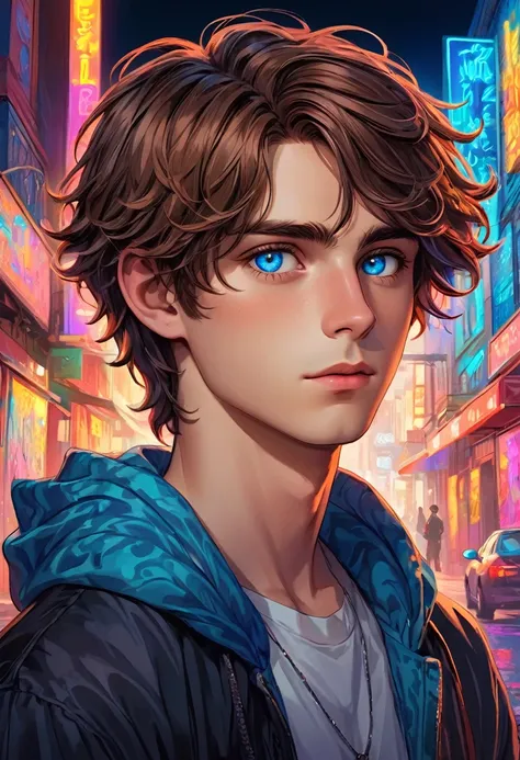 Key art, a beautiful gay boy with short wavy brown hair and sharp blue eye, neon colors, intricately detailed, masterpiece, award winning art, deep serenity is infused throughout the imagery, evocative, expressive, emotive art, 8k, hdr