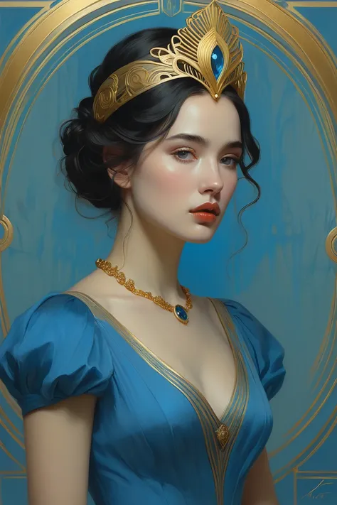 painting of a woman in a blue dress with a gold headpiece, wlop art, intricate wlop, moebius + loish + wlop, yuri shwedoff and tom bagshaw, tom bagshaw weta studio, artgerm julie bell beeple, hyperrealistic art nouveau, wlop jeremy lipkin, tom bagshaw port...