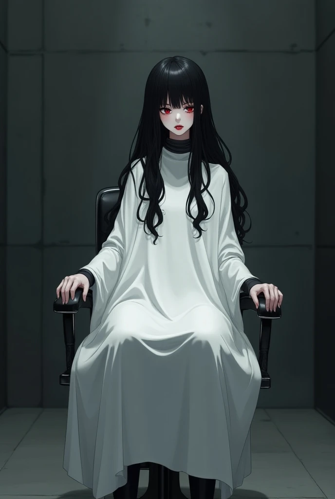 Anime goth girl with long black hair sits in a barber chair with a white salon cape on 