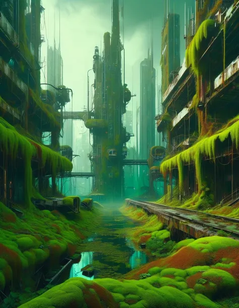 abandoned futuristic city, rusty, moss and nature, gloomy, horror tones,art inspired by Wadim Kashin
