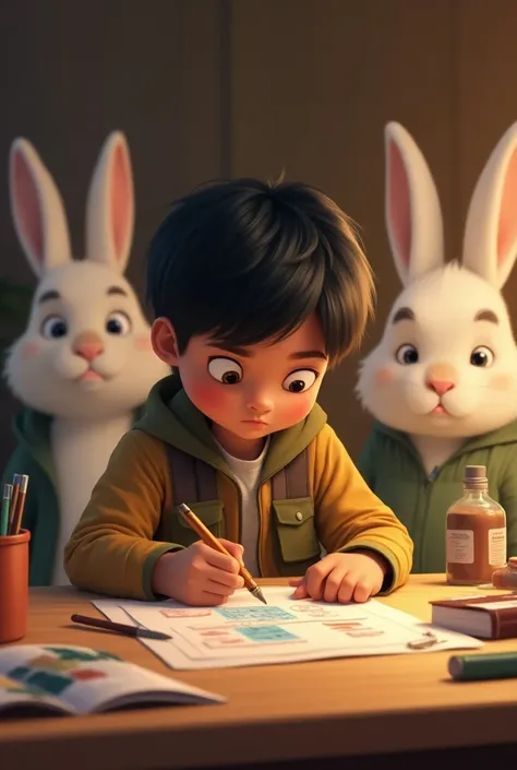  Lio working diligently at his desk, applying what he learned .  Draw a project while , In the background,  his rabbit family looks at it with pride .