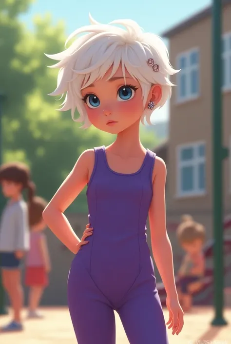 White girl , 10y, 2:3, standing, side view, tight violet jumpsuit, short pixie hair, small earrings, hair pin, blue eyes, shy, playground, girls in background