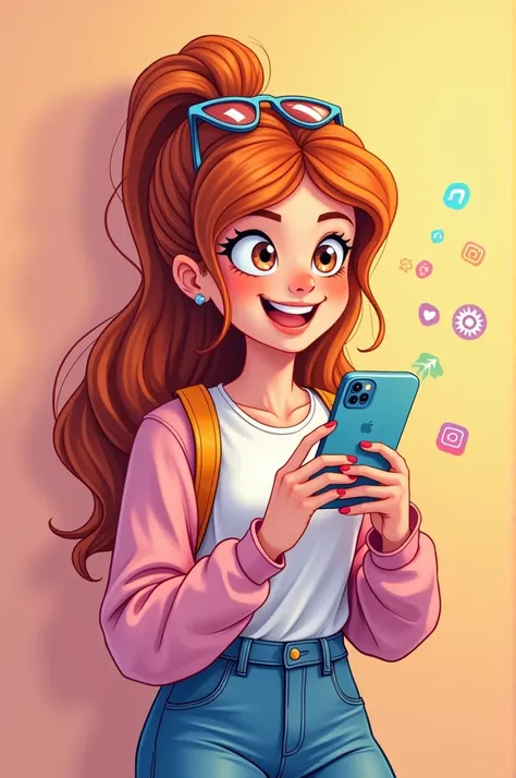 Cartoon 20-year-old woman playing on iphone15
