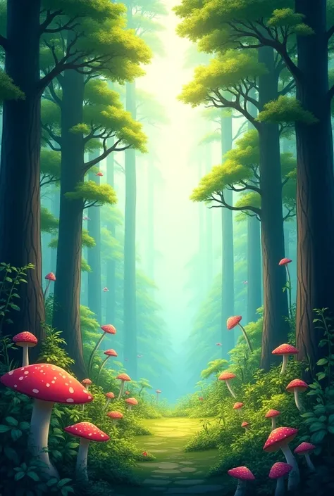 Une forêt lumineuse dessinée avec beaucoup de détails sans champignon laissant un espace au milieu pour pouvoir écrire 