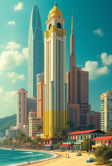 Image combining the city of Salvador BA Elevador Lacerda with São Vicente SP Biquinha Beach and Curitiba PR Oscar Neimeyer Museum