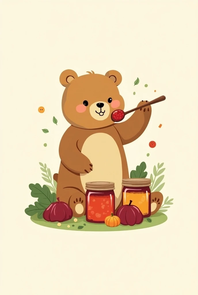 Create a logo for a vegetable jam business that is made of Carrot , pumpkin, Beet, Spinach that appears rare from jams and as a pet, a cuddly bear that is Alavés, eye-catching for ren and young people and adults, and with a name that has a Sweet Vegetable ...