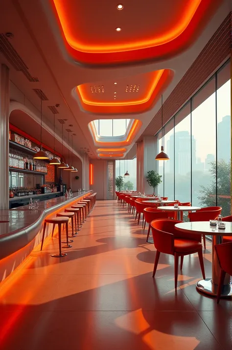 Distribution of a futuristic place for hamburgers and desserts with a long bar in the background