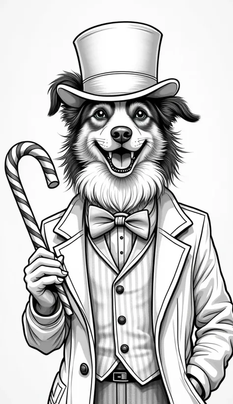 Laughing beautiful border collie as Willy Wonka in Peaky Blinders style with candy cane as a coloring page in black and white