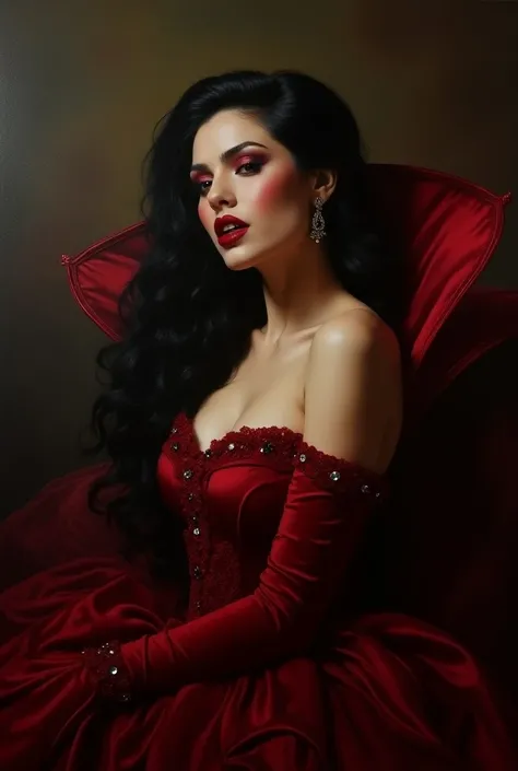 Meticulously detailed oil painting showcases a seductive vampire queen, radiating allure and danger. Her opulent blood-red velvet gown, cascading ebony hair, and glinting fangs against ruby lips embody her immortal beauty. Shadows and light create a myster...