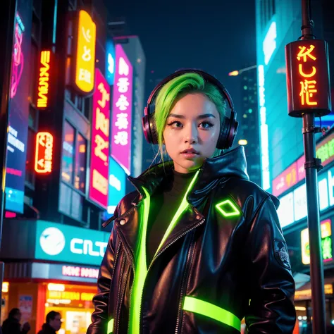 "Create a highly detailed cyberpunk scene focusing on the upper body of a character, from the chest upwards, set in a futuristic neon-lit city at night. The character is a cybernetically enhanced human with short, messy hair that emits a radiant neon glow,...