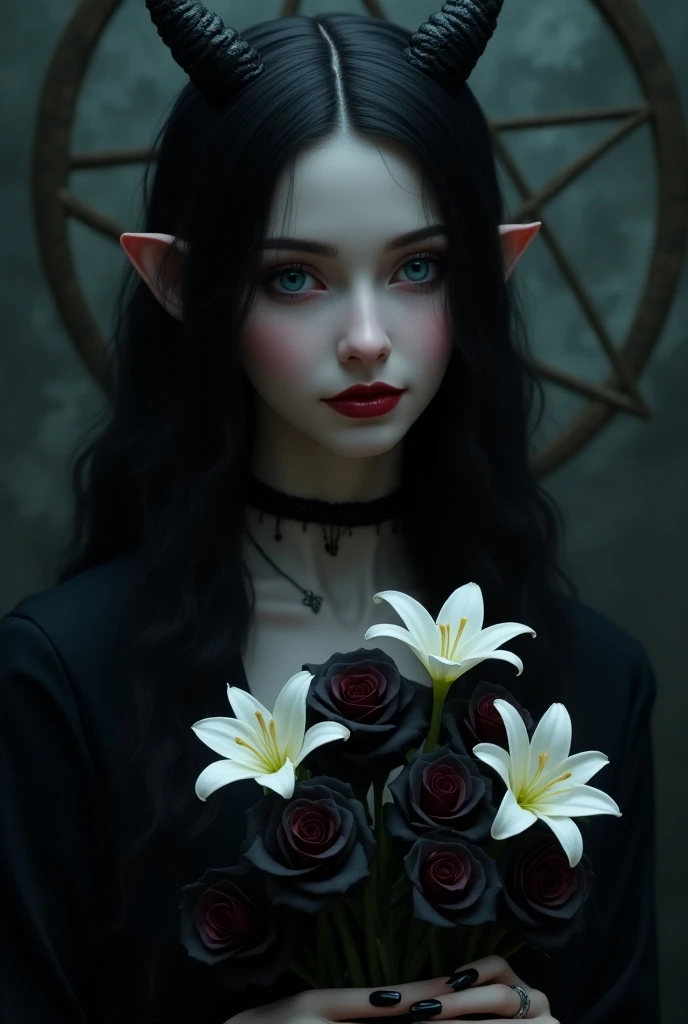 girl black long hair horns white skin blue eyes dark red lips smile in hands black roses and white lilies black nails on background pentagram