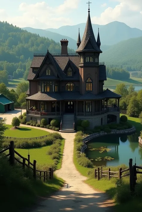 Rustic gothic Victorian house in Tennessee moutains, equestrian property and a lake with a green house