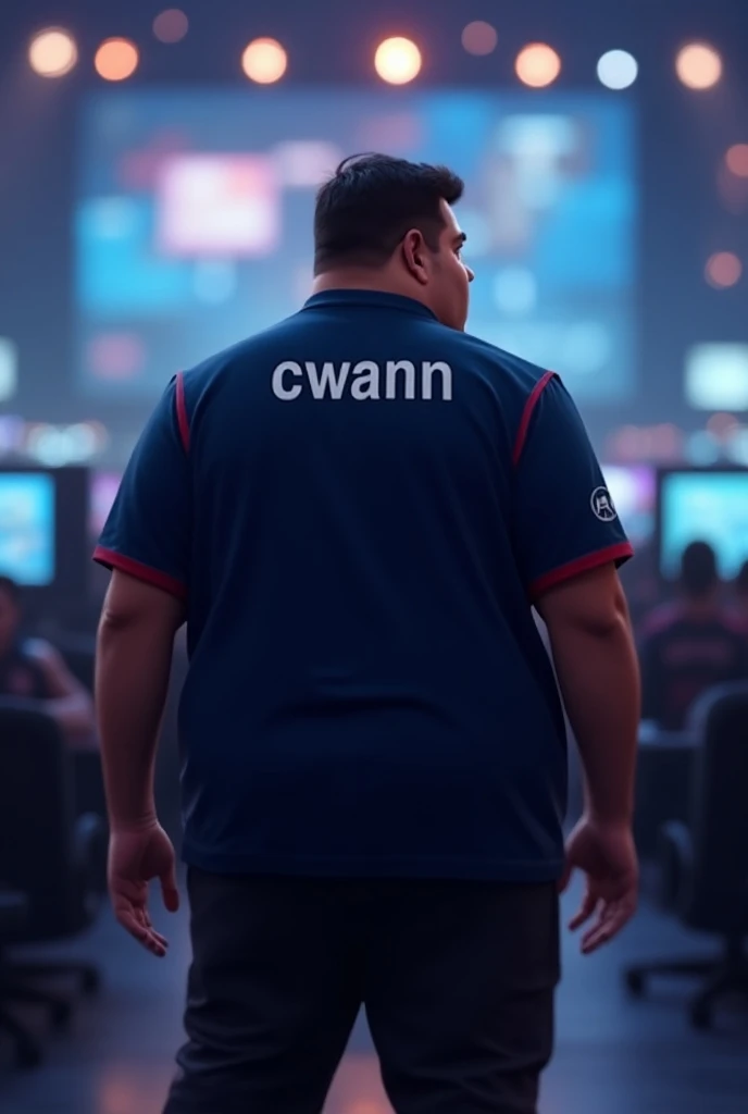 chubby esports player back pose looking at the left side with name CWANN at the back with dark blue esports shirt and more like in tournament normal font
