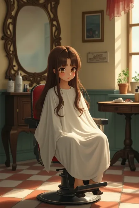 A shy girl with long brow hair gets a haircut in a hair salon wearing a white cape and sits in a barber chair