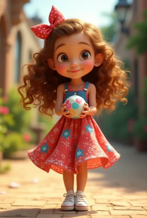  I created a Disney Pixar-style character of a  girl with long, curly honey-colored hair and a little red bow in her hair, Bright light brown eyes,  wearing a flowery red blue dress and wearing white sneakers . holding a ball.