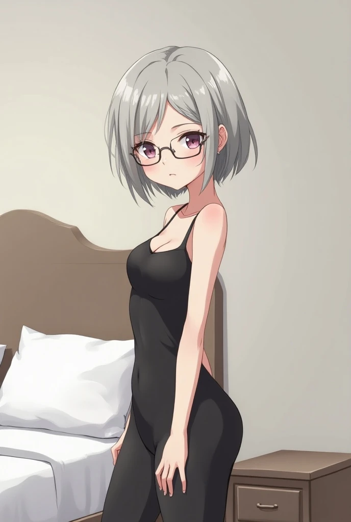 skinny sexy anime girl with gray hair with small breasts in semicircular glasses she is standing by the bed 