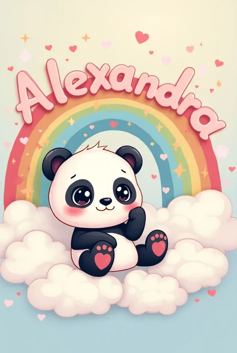  The name ALEXANDRA in Kawai style, With a rainbow ,  a panda and clouds . 