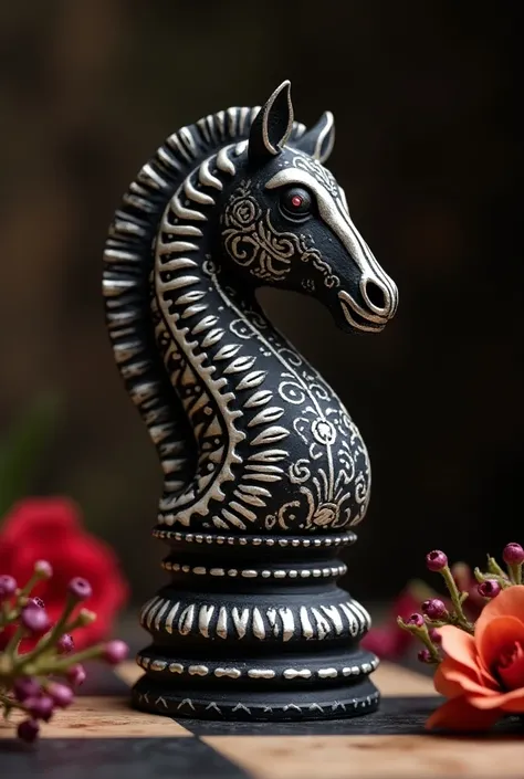 A black and white chess horse with Day of the Dead theme