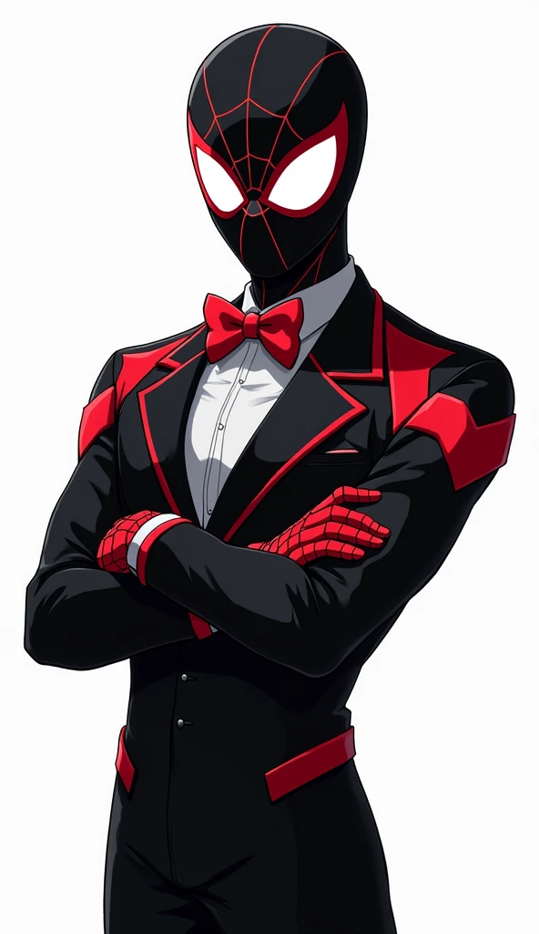  Create a PNG avatar in the anime Spider-Man style wearing a black suit with a bow tie,  with his arms crossed . The avatar must have a transparent background ,  focusing only on the character in a detailed style ,  with emphasis on the red and black color...