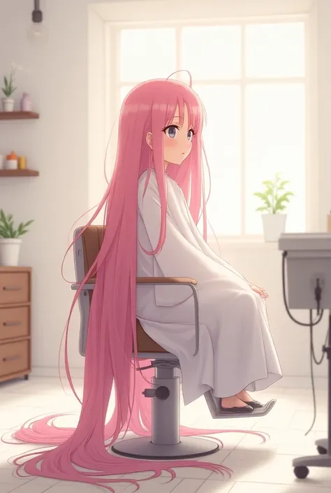  A shy anime girl with long pink hair gets a haircut in a hair salon with a white cape and sits in a barber chair. Pink hair is lying under her on the floor 