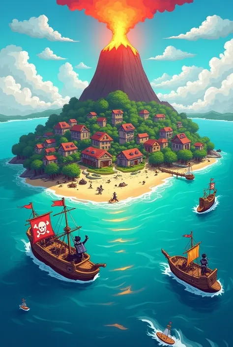 in cartoon ,island in the middle of the ocean, a modern city filled with pirates with futuristic ships , And cloudy skies  , on the island there is a volcano  