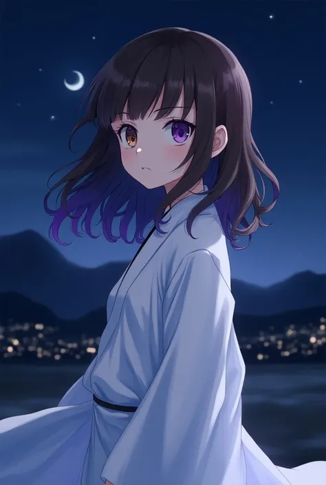  Make me a kimetsu no yaiba style brunette girl with long wavy brown hair with purple tips, her right eye will be brown and the left one purple ,  with a white haori and half down a night landscape 