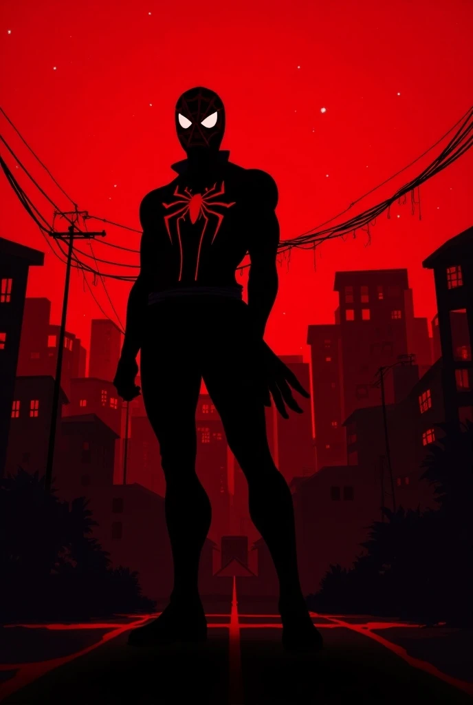 Cartoon, spider-man,  in the background of a black web ,  with the red background degrade , a imagem deve mostrar o spider-man no centro com o background no fundo,  place some houses , just their black silhouette in the background along with the background