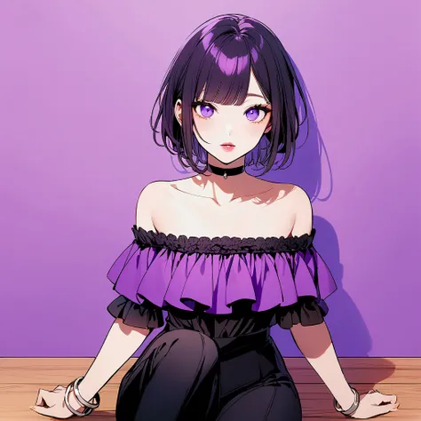 a woman is seated on a wooden floor. She is dressed in a purple off-the-shoulder top, black pants, a black choker, and a silver bracelet. Her hair is styled in a short bob, and she has bangs. Her eyes are open, and her lips are pursed. The backdrop is a li...