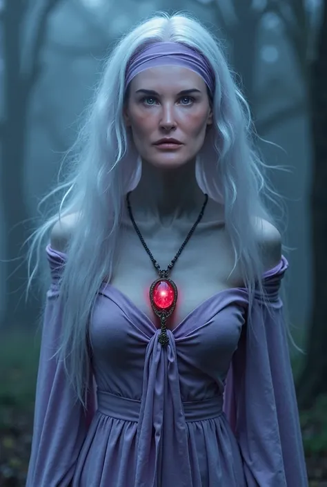 Demi Moore as a white skin witch that has an eerie, ghostly appearance with pale, almost white skin. Her long, flowing hair spreads out dramatically, creating a menacing aura. She wears a headband and a sleeveless top, both in soft purple tones that match ...