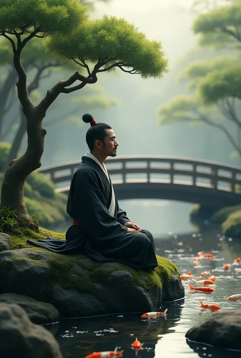 "Yagyu Munenoris Wisdom": Visualize Yagyu Munenori meditating amidst a tranquil garden.