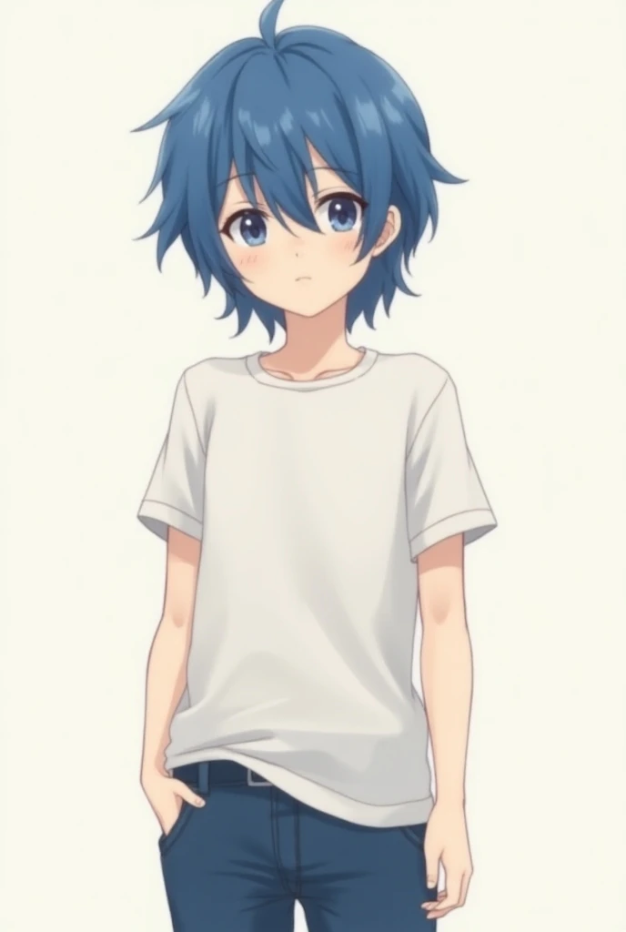 Create a cartoon medium-blue-haired anime teenager who is male
