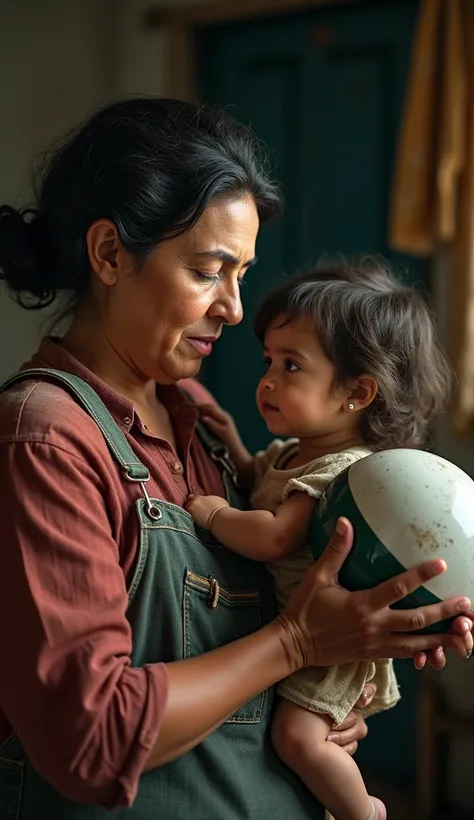  Toma of Micaelas mother explaining the need for treatment, while holding Micaela with her helmet in her hand .