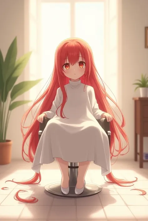    A shy anime girl with long red hair gets her hair cut in a hair salon with a white cape and sits on a barber chair. Her hair is on the floor under her   