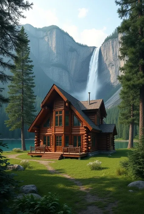 Ultra realistic photo in 8 K 
A light wooden log cottage on two floors with a magnificent bay window in the middle of a magnificent clearing all around the chalet, spectacular trees in the background, a huge waterfall. 