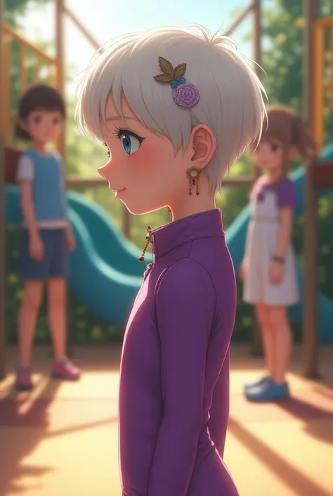 White girl , 10y, 2:3, standing, side view, tight violet jumpsuit, short pixie hair, small earrings, hair pin, blue eyes, shy, playground, girls in background