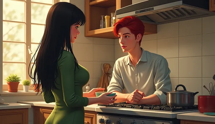 a beautiful woman with straight black hair big breasts green blouse blue pants near a stove preparing a coffee looking at a handsome young man with red hair sitting holding tea near a door in the background in a beautiful modest kitchen. Drawing format