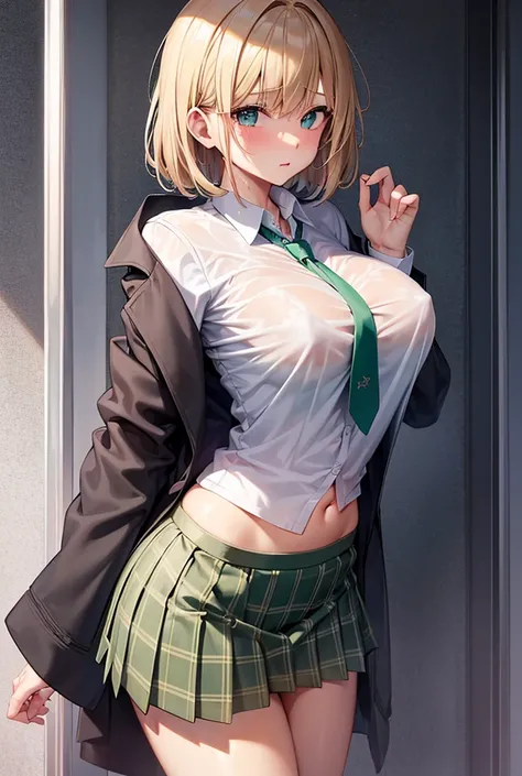 ｛wet blazer and dark green tie｝, transparent , Bondage , cute short haired high school girl wearing wet blazer and dark green tie, see through blouse ,  plaid pleated skirt ,Panty shot,｛｛｛ big breasts and erect nipples｝｝｝    ,   and a uniform wearing a wet...