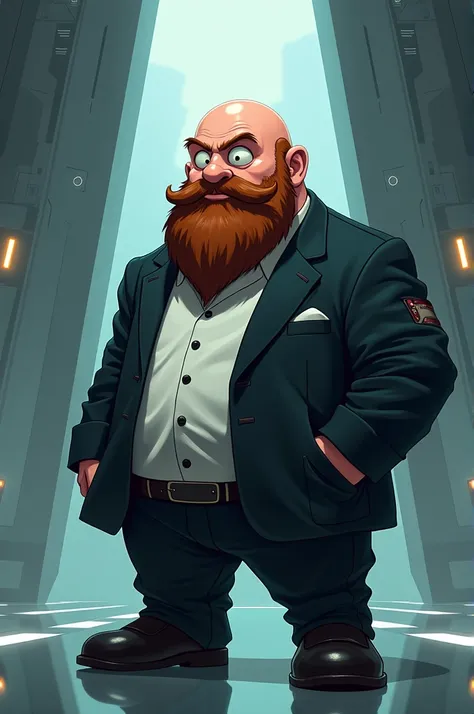 An anime version of a dwarf in a bald suit