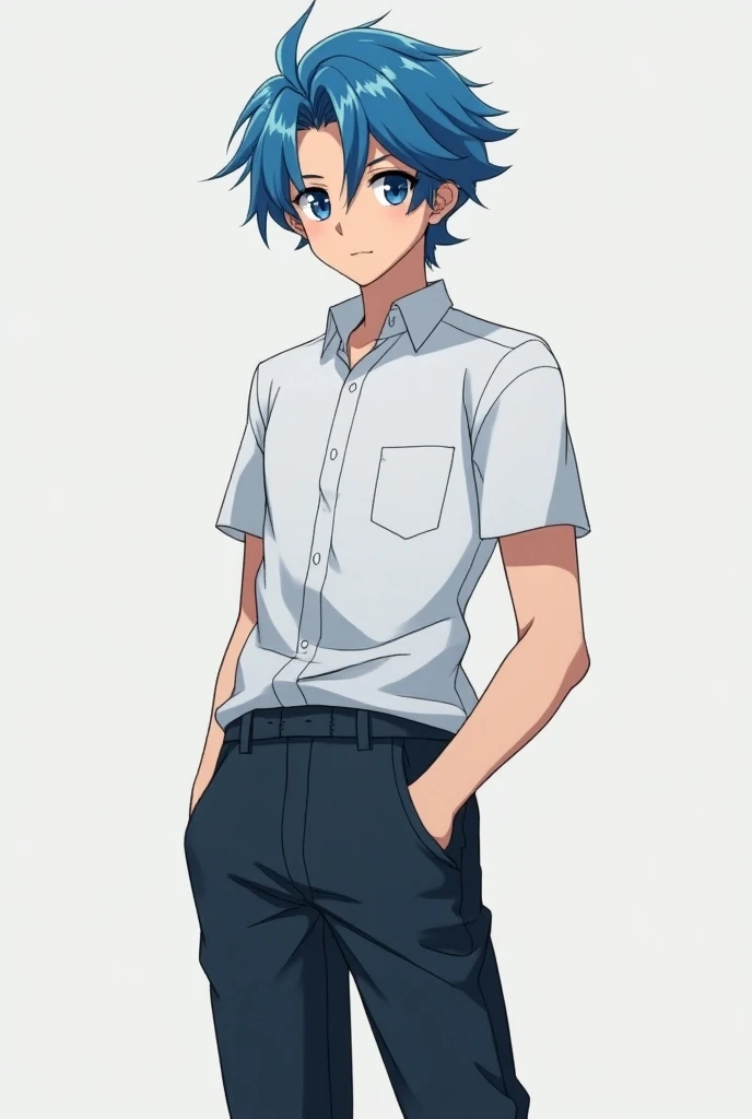 Create an anime teenager with medium blue hair cartoon that is a man who is more manly but not so much 
With more clothes