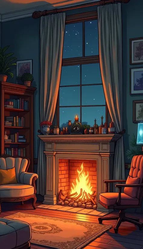 2D Lo-fi cartoon illustration of a cozy room in an apartment building, with a cozy fireplace, warm aesthetic, detailed hand drawn illustration, deviant art, night time, masterpiece, night sky, cozy, nostalgic, Kodak film filter, film grain, noise and scrat...