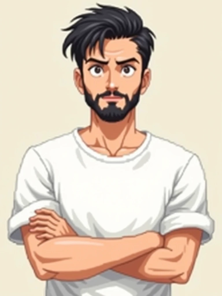 pixelart portrait of a man wearing glasses, beard, and white t-shirt with sleeves protecting his arms, #pixelart:3, lofi portrait, flat anime style, flat anime style shading, anime style character, visual novel sprite, in anime style, portrait pixel art dr...