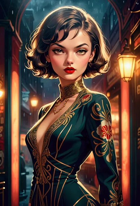 professional photoshoot, of a beautiful young supermodel woman, lean body, bob hair cut, detailed face, (closeup:1.2), gorgeous, undercover agent, (wearing a retro dress:-0.3), city street, (1940s style:1.2), snowy, retro style, aesthetic, night, dim light...