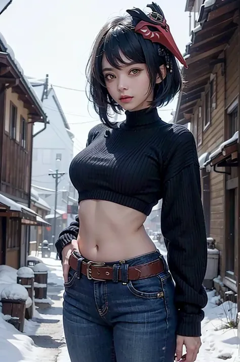 (long sleeved puffy wool sweater, long jeans, iron belt), ((midriff, navel)), looking at viewer, fashion pose, snowy town, (cinematic lighting, best quality, masterpiece, high details, best quality, highres, HD, 4K, 8k, super detail), (kujou sara:1.3, mask...