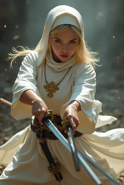 young warrior nun, blonde, flowing white habit, dual-wielding katanas, action scene, medieval fantasy, highly detailed, intricate armor, dramatic lighting, cinematic composition, intense battle, dynamic poses, flowing fabric, photorealistic, 8k, masterpiec...