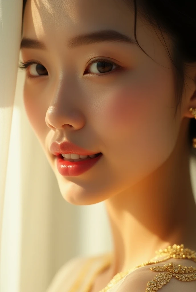 An extreme close-up portrait of a beautiful Thai woman, her skin illuminated by a soft, bright white light that casts pure, clean reflections. The fine gold textures in her clothing stand out against the white tone, creating a striking contrast. From the s...