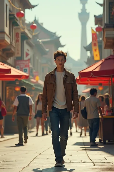 A 22-year-old ,high,slanted eyes,beautiful, man walking around the square.