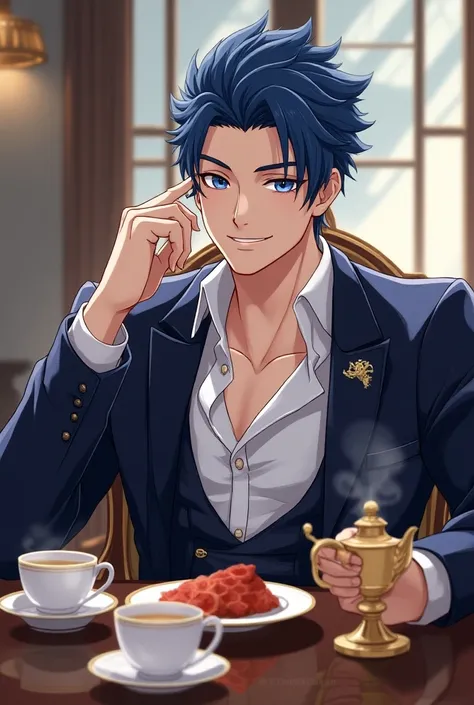 A handsome sexy man in his twenties with a swimmer physique,  with short blue hair,  hair are styled back revealing the forehead, dark blue eyes . He sits at a table in rich aristocratic clothes and drinks tea. Smiles impudently. in anime style.