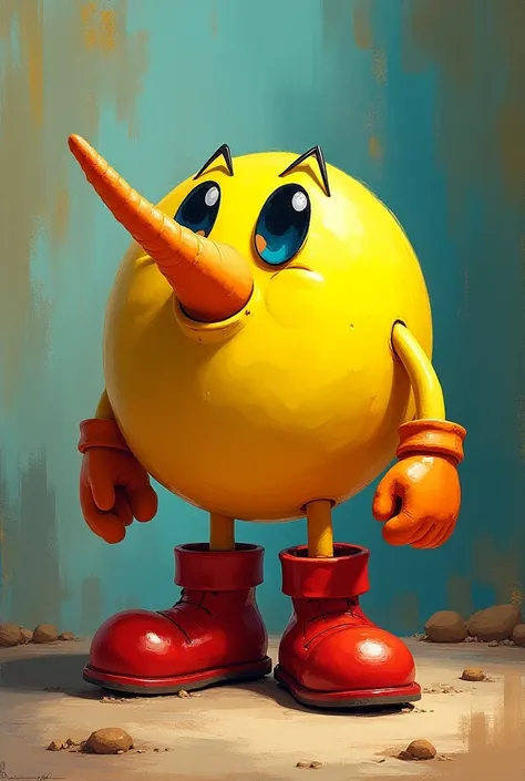 Pac-Man with long nose and red boots on